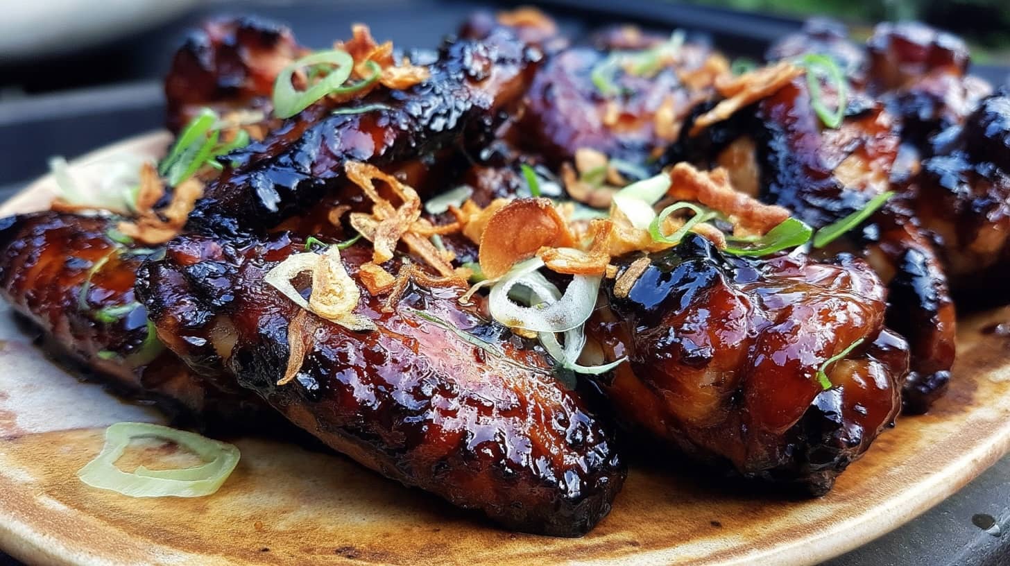 A plate of glazed chicken wings topped with crispy shallots and chopped spring onions.