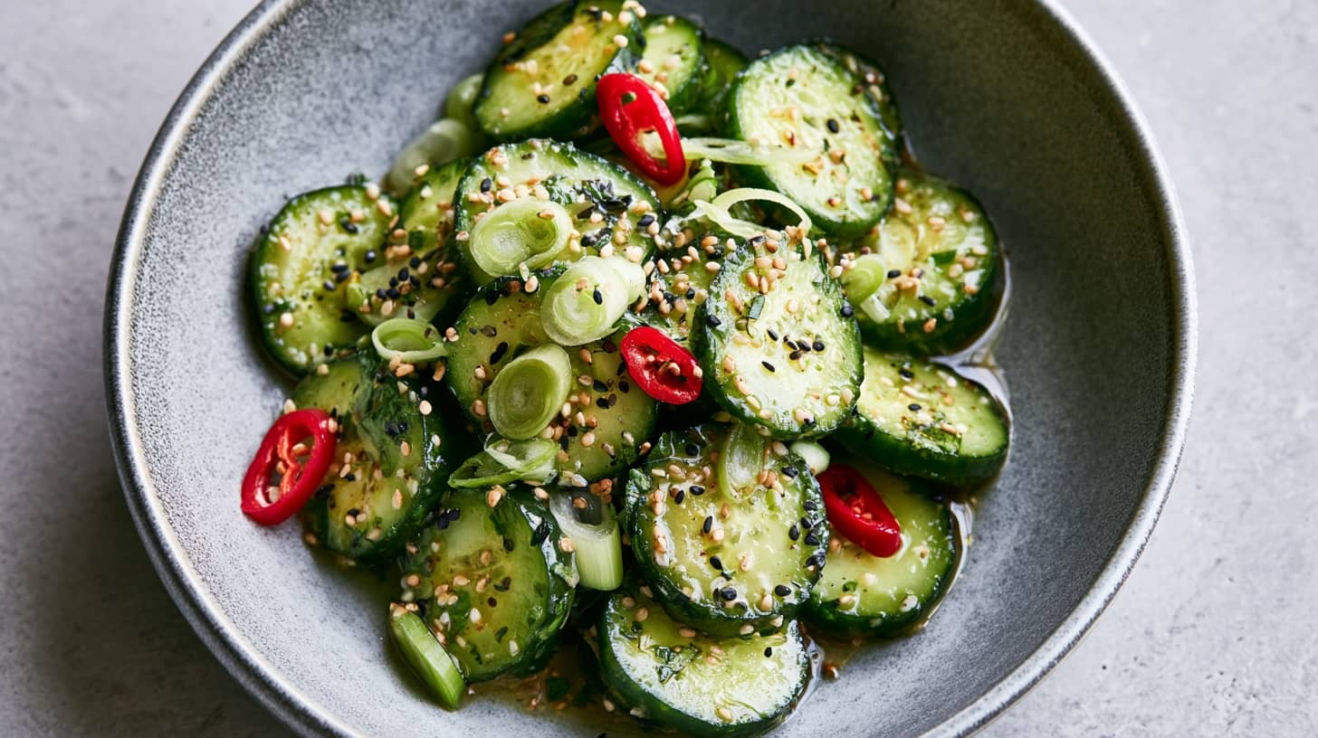Sliced cucumbers topped with sesame seeds, spring onions, and red chillies in a bowl