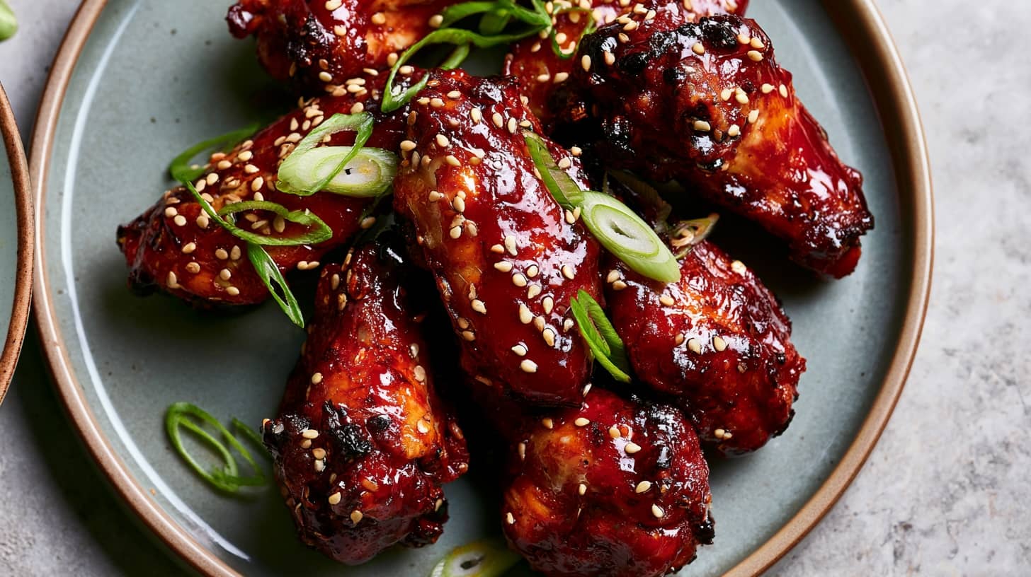 Sticky gochujang sesame chicken wings garnished with sliced spring onions and sesame seeds on a plate.