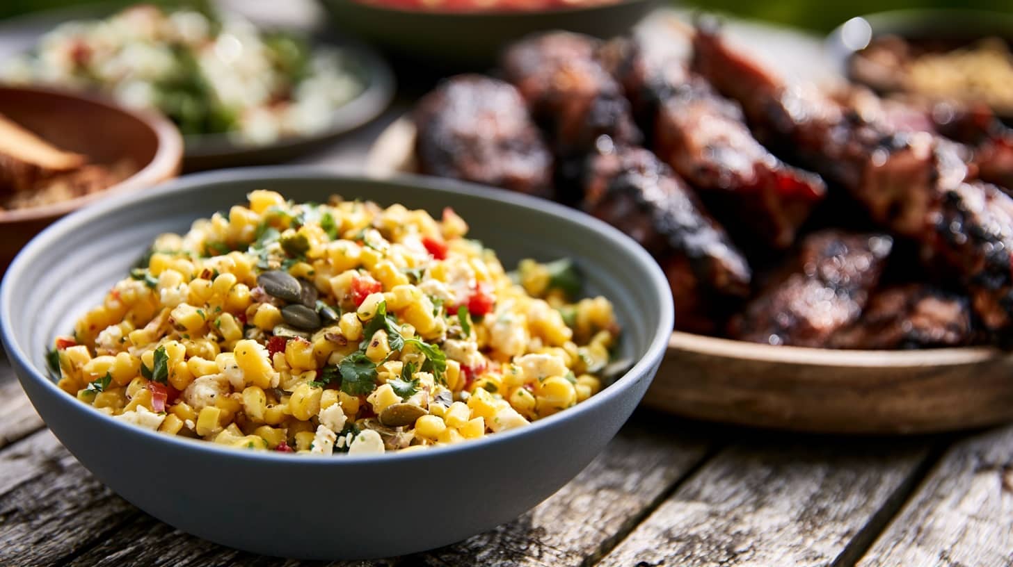 A bowl of sweetcorn salad with feta, lime, chilli, and coriander on a wooden table.
