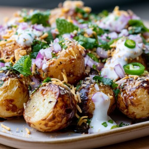 A plate of Tamarind Bombay Potatoes topped with yoghurt, herbs, and crunchy elements.