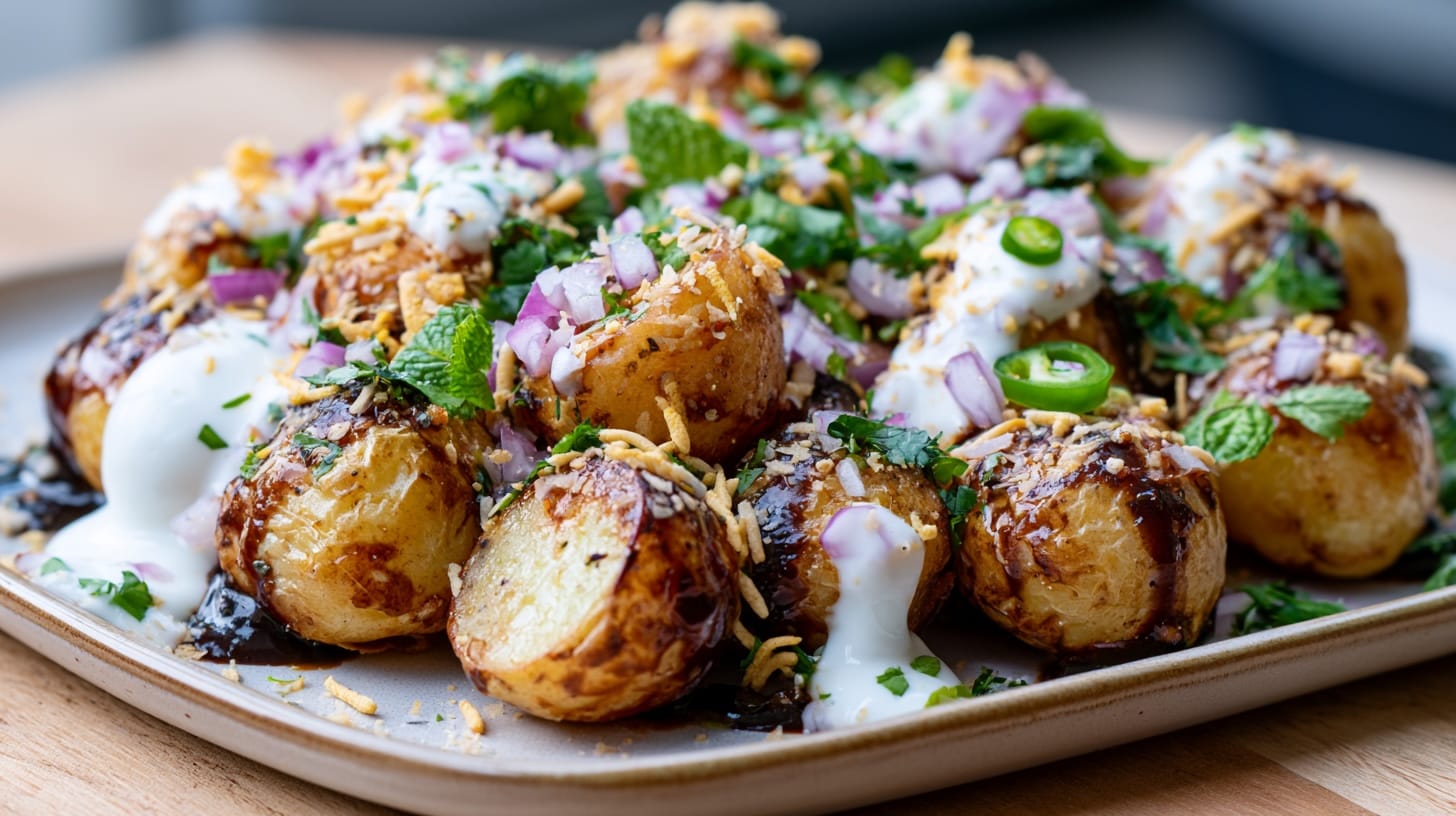 A plate of Tamarind Bombay Potatoes topped with yoghurt, herbs, and crunchy elements.