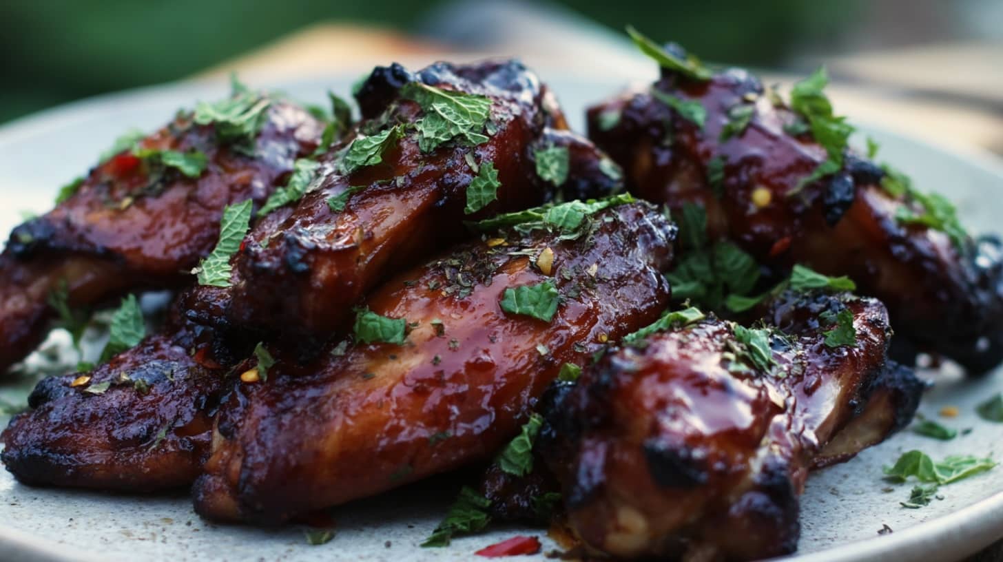 A plate of chicken wings coated in a dark glaze, garnished with fresh mint leaves.