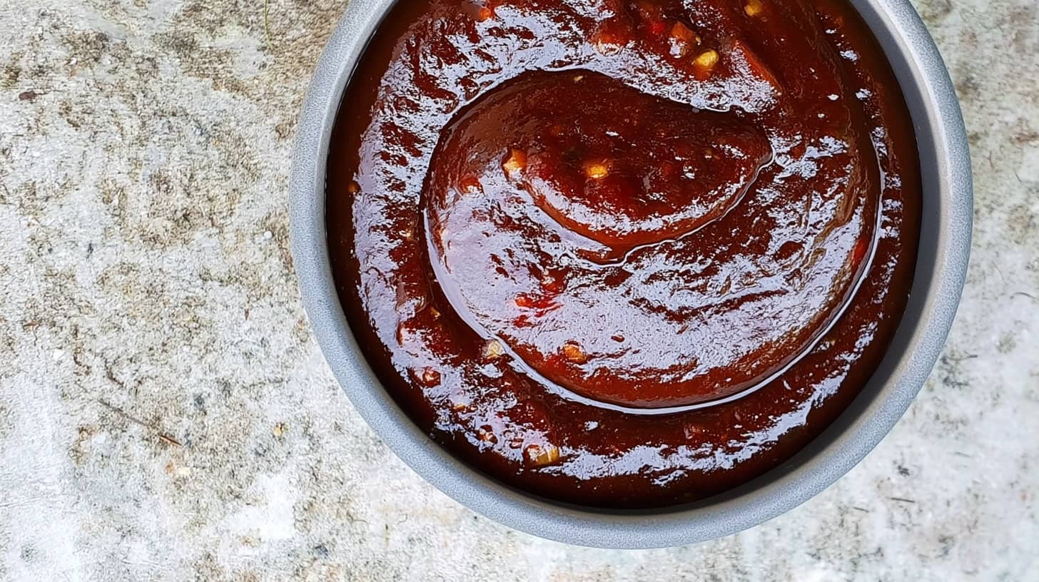 Thick, dark brown BBQ dip with a smooth texture in a round grey bowl