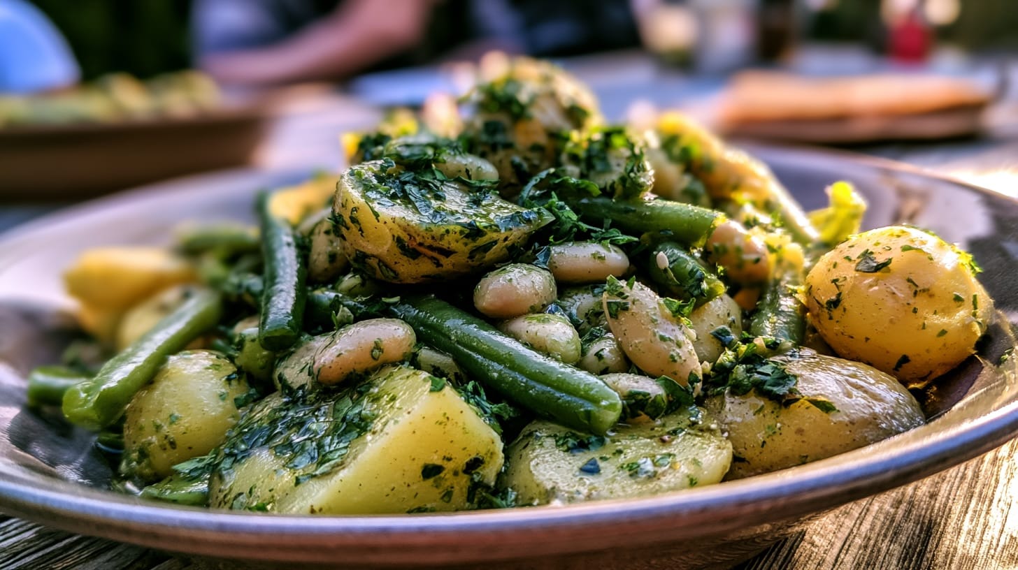 A bowl of warm potato bean salad with green beans and a chimichurri herb dressing, garnished with herbs.